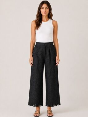 Zara Black Eyelet Embroidery Wide Leg Culotte Pants XS High Waist Boho Coquette